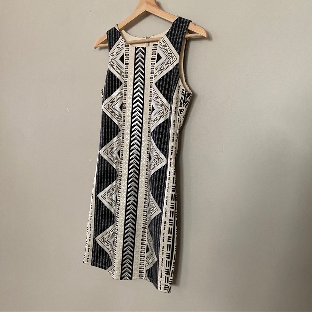 Aztec Print Mini Dress Black Cream Silver